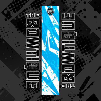 Comic pop arrow wrap featuring "THE BOWTIQUE" text and bright blue, distressed arrow graphics on a dark background.