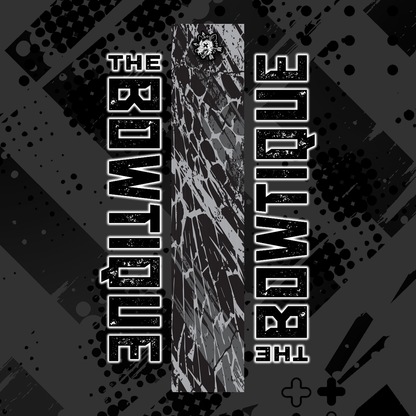 Comic pop style arrow wrap featuring "THE BOWTIE" text on a distressed black and gray background.