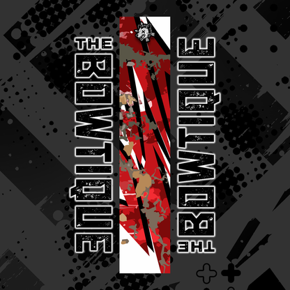 Comic pop art arrow wrap featuring "THE BOWTIQUE" text and distressed red/black graphic on a dark background.
