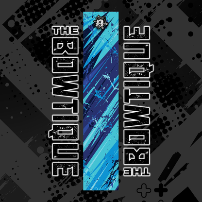 Comic pop art graphic featuring "THE BOWTIE" text flanking a distressed blue and black arrow design.