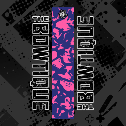 Comic pop arrow wrap featuring "THE BOUTIQUE" text on a dark gray background with a vibrant pink and purple camouflage stripe.