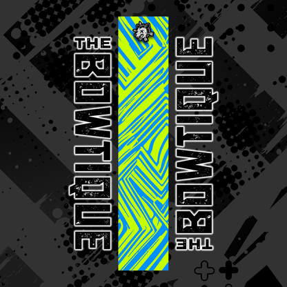 Comic pop arrow wrap featuring bold, bright yellow and blue diagonal stripes on a dark background.