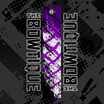 Comic pop arrow wrap featuring "THE BOUTIQUE" text in white and vibrant purple splatter on a dark gray background.