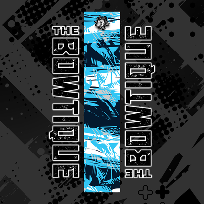 Comic pop style arrow wrap featuring "THE BOUTIQUE" text on a distressed black and white background with blue tropical graphic.