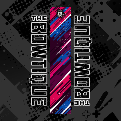 Comic pop style "THE BOUTIQUE" text wrap with a central, striped red, blue, and white arrow graphic.