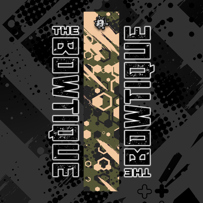 Comic pop arrow wrap featuring "THE BOWTIE" text on a distressed, camouflage-patterned background.