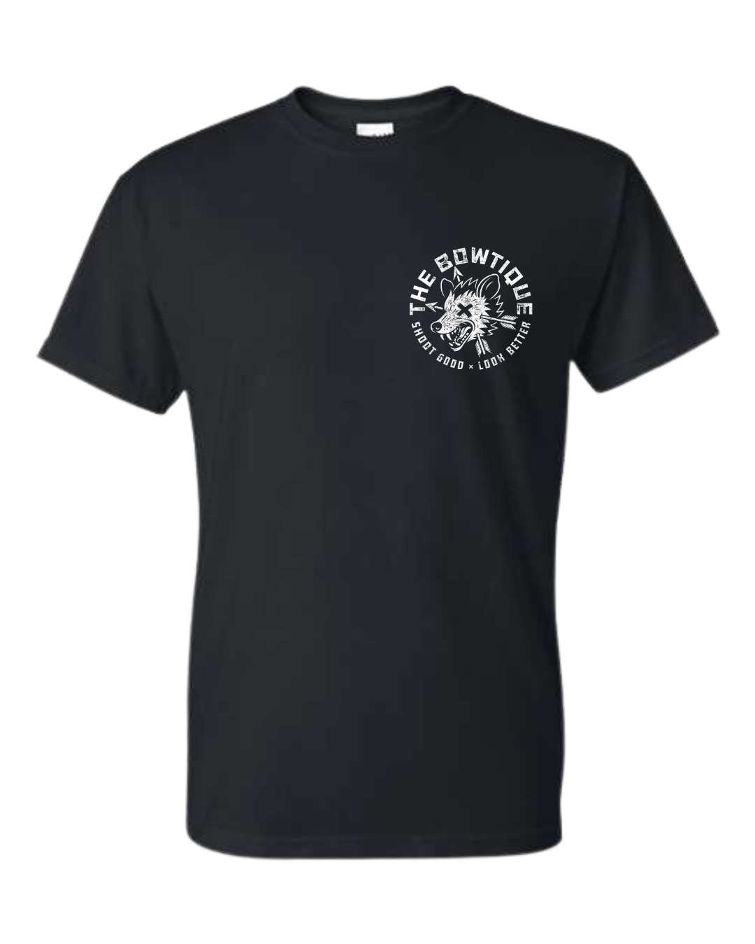 Black t-shirt with a white graphic reading "THE BOWTIQUE" and "SHOOT GOOD LOON BETTER.