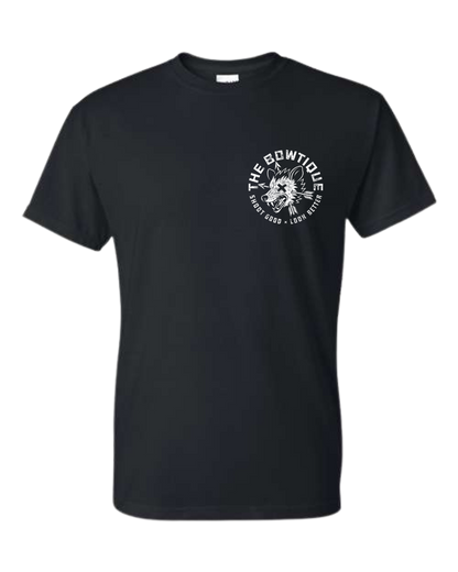 Black t-shirt with a white graphic reading "THE BOWTIQUE" and "SHOOT GOOD LOON BETTER.