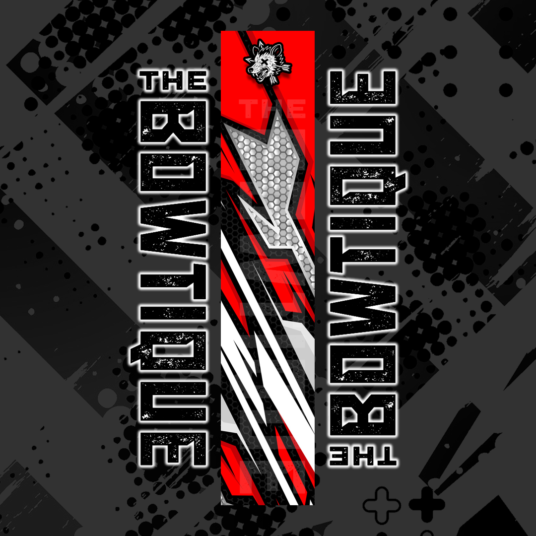 Comic pop arrow wrap design featuring "THE BOWTIQUE" text and a red, black, and white arrow graphic.