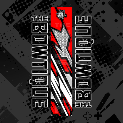 Comic pop arrow wrap design featuring "THE BOWTIQUE" text and a red, black, and white arrow graphic.