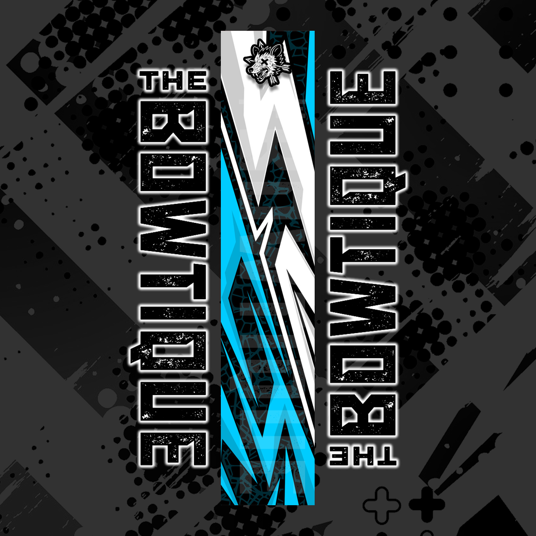 Comic pop arrow wrap featuring "THE BOWTIQUE" text and a central blue and white arrow graphic on a dark background.