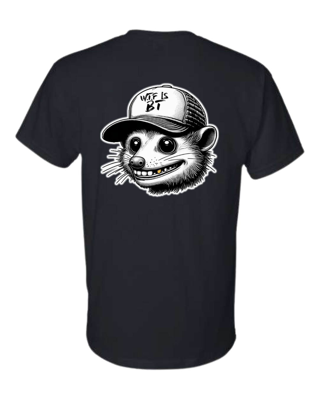 Black t-shirt featuring a graphic of a raccoon wearing a baseball cap that reads "WTF IS BT?".