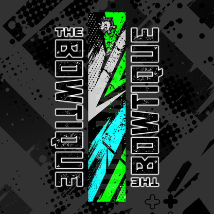 Comic pop arrow wrap design featuring "THE BOWTIQUE" text in black and vibrant neon green/blue on a dark background.