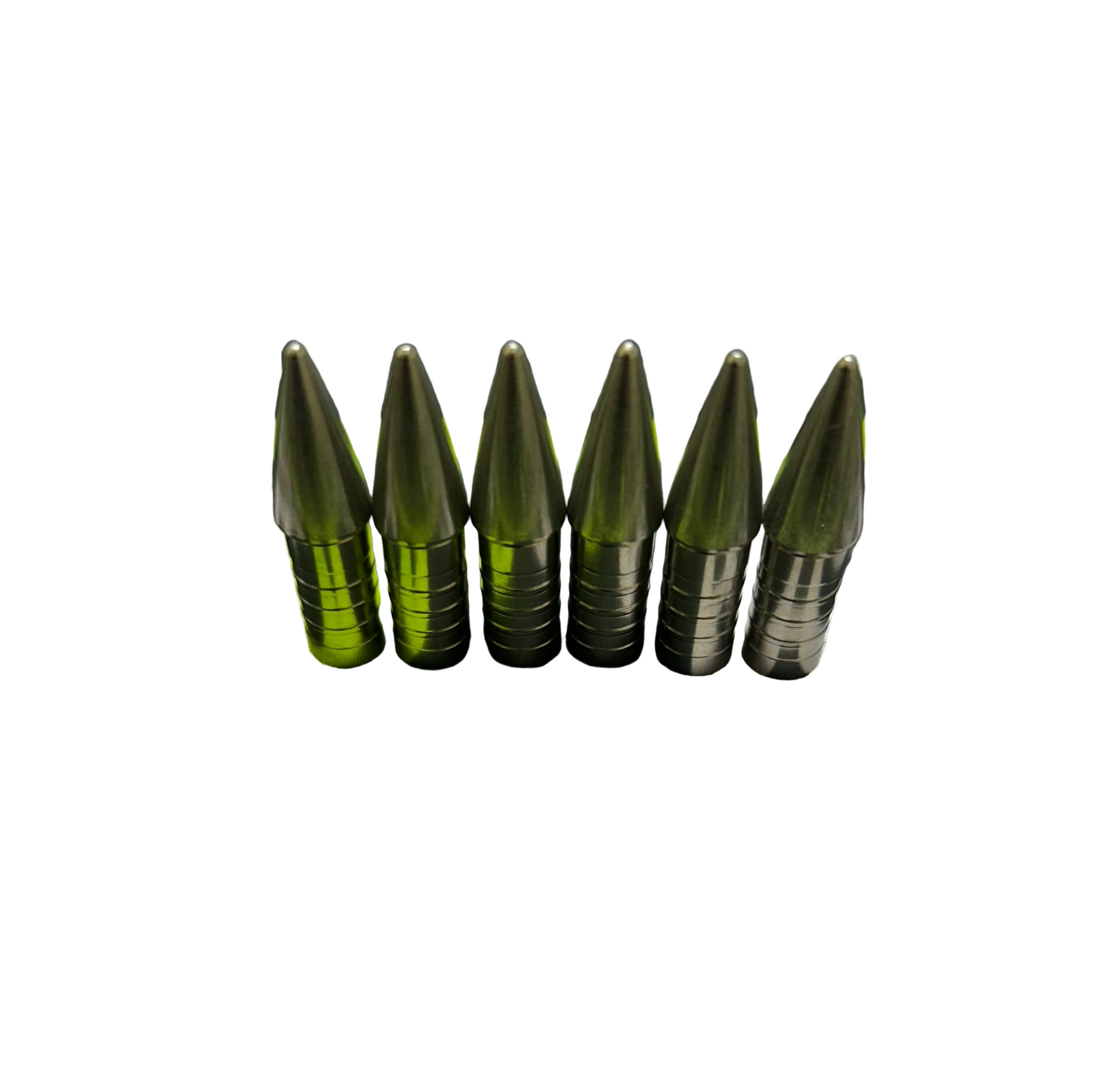 Six dark green, pointed glue tips, resembling small, uniform projectiles.