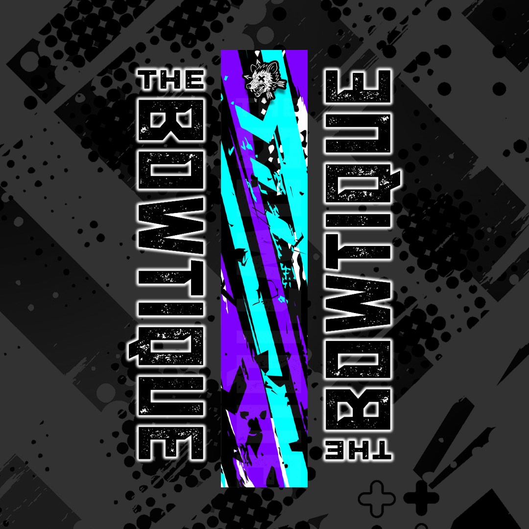 Comic pop arrow wrap design with bold "THE BOWTIQUE" text, featuring vibrant blue and purple streaks on a dark background.
