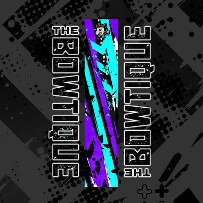 Comic pop arrow wrap design with bold "THE BOWTIQUE" text, featuring vibrant blue and purple streaks on a dark background.
