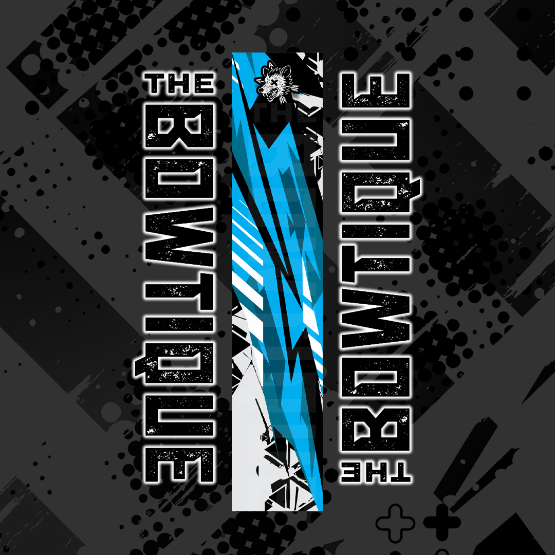 Comic pop arrow graphic wrap featuring "THE BOWTIE BOUTIQUE" text in black and bright blue on a distressed black background.