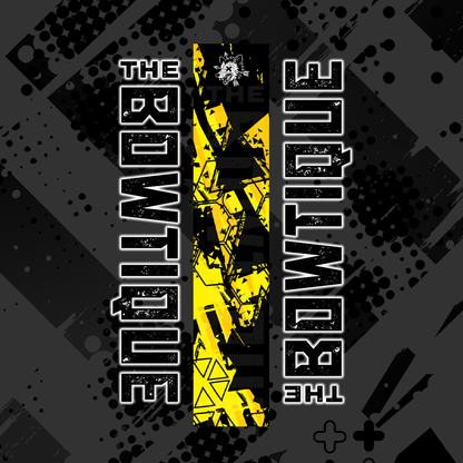 Black and yellow comic pop arrow wrap featuring "THE BOWTIQUE" text and distressed graphic elements.