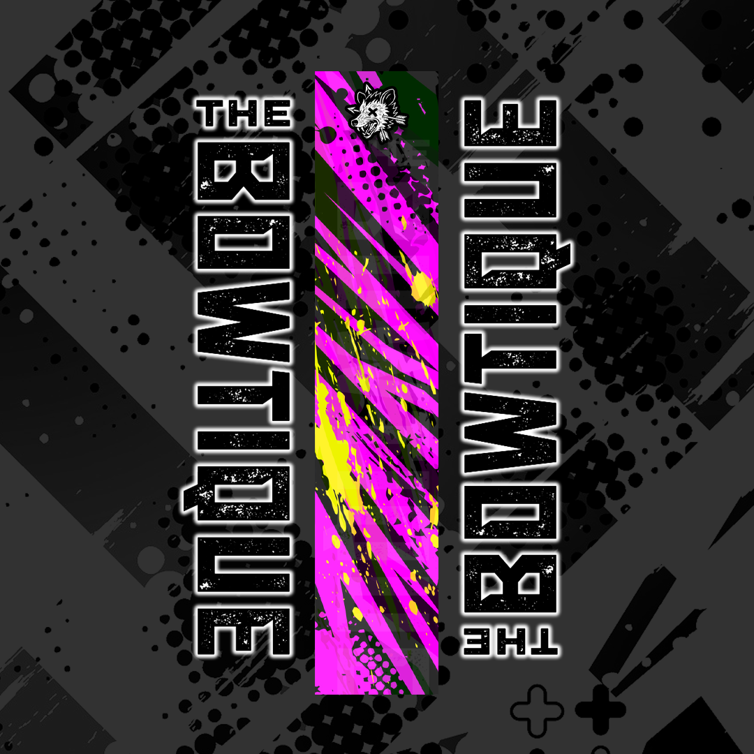 Comic pop arrow wrap featuring "THE BOWTIE" text on a black background with vibrant pink and yellow diagonal stripes.