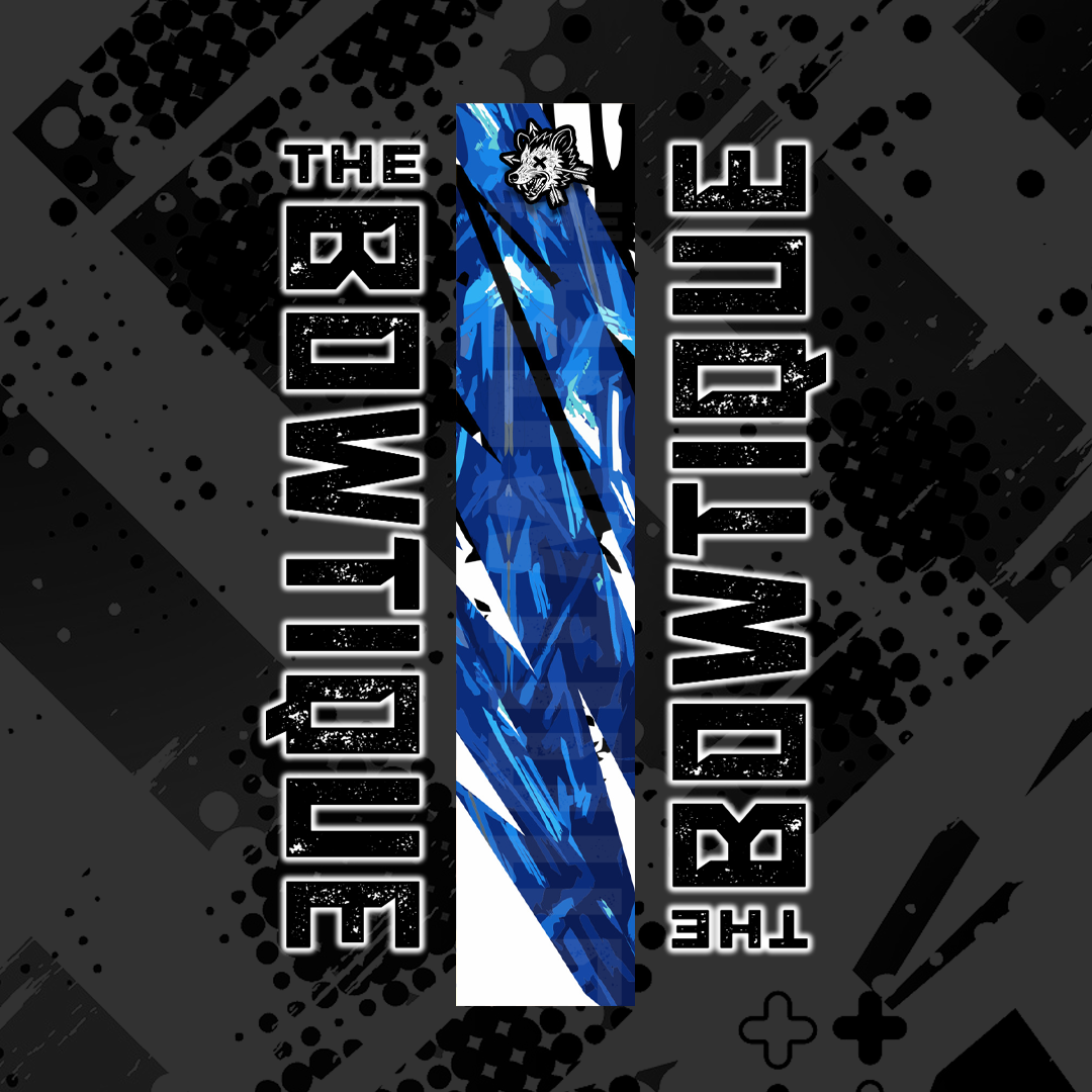 Comic pop arrow wrap featuring "THE BOWTIE" text and a blue, feathered arrow graphic on a dark background.