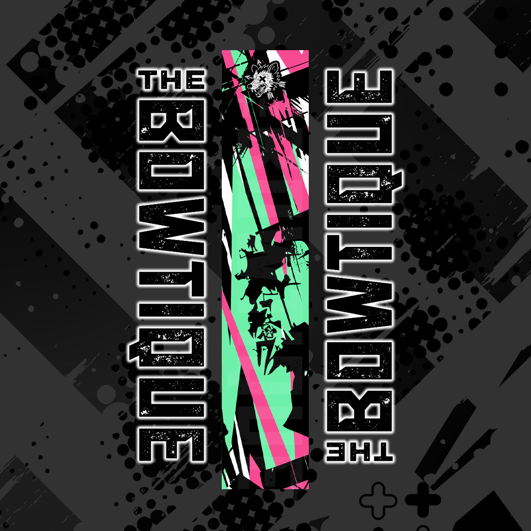 Comic pop arrow wrap design, featuring "THE BOWTIQUE" text in black and vibrant neon green/pink on a dark gray background.