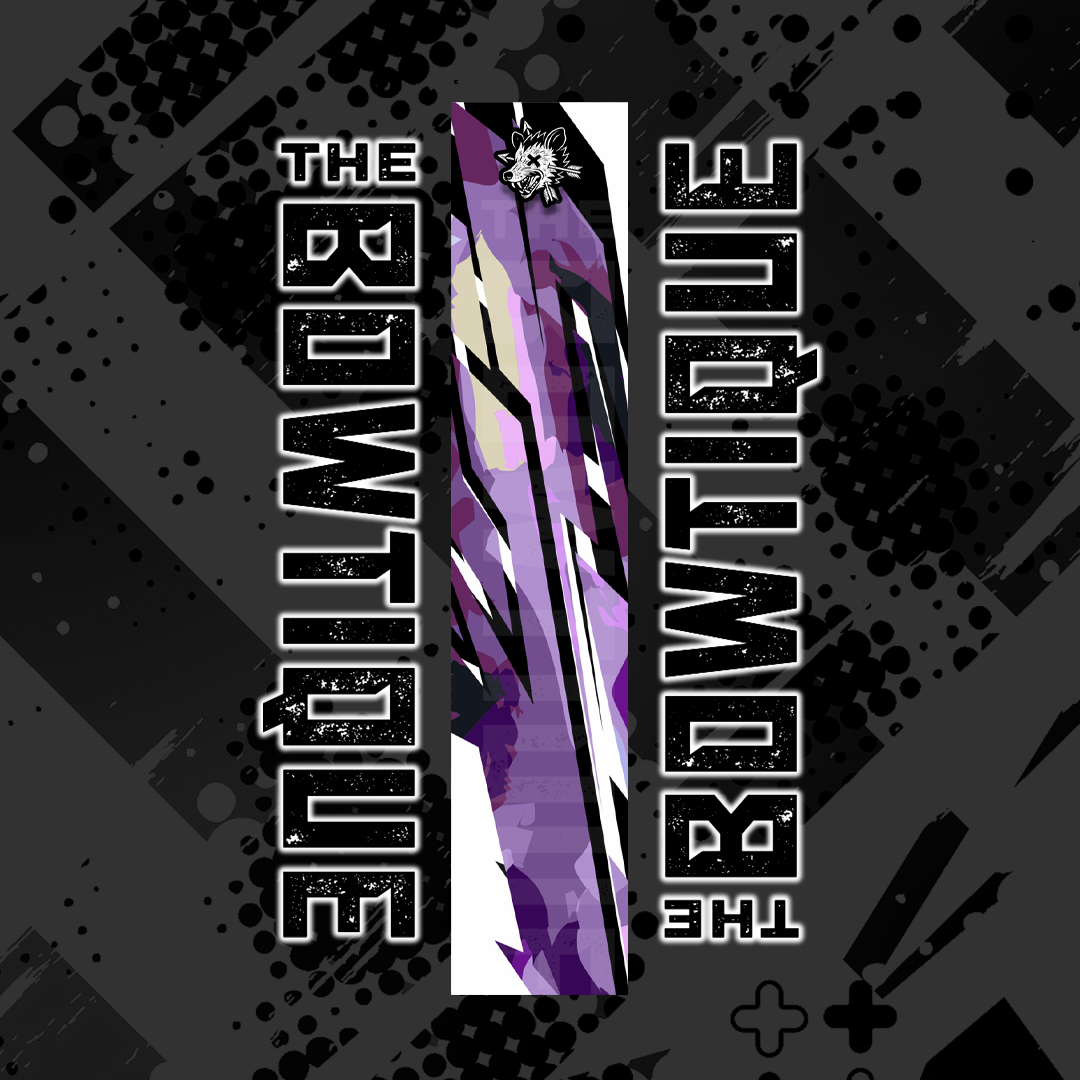Comic pop arrow wrap featuring "THE BOWTIQUE" text and a vibrant purple/white arrow design on a dark background.
