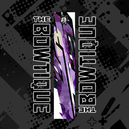 Comic pop arrow wrap featuring "THE BOWTIQUE" text and a vibrant purple/white arrow design on a dark background.