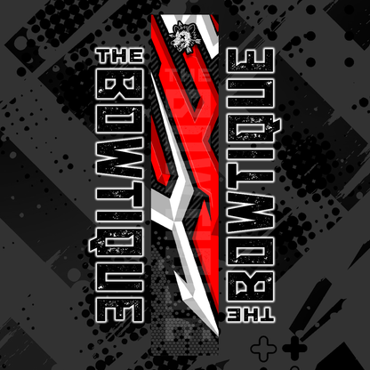 Comic pop arrow wrap design featuring "THE BOWTIQUE" text and a stylized red and white arrow graphic on a black background.