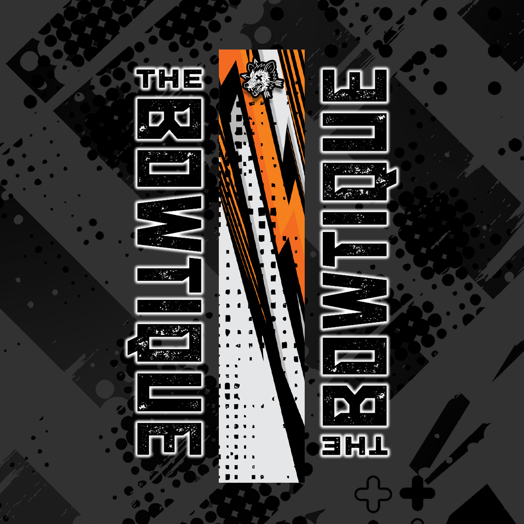 Comic pop art graphic featuring "THE BOWTIE BOUTIQUE" text with an orange and black arrow design on a dark background.
