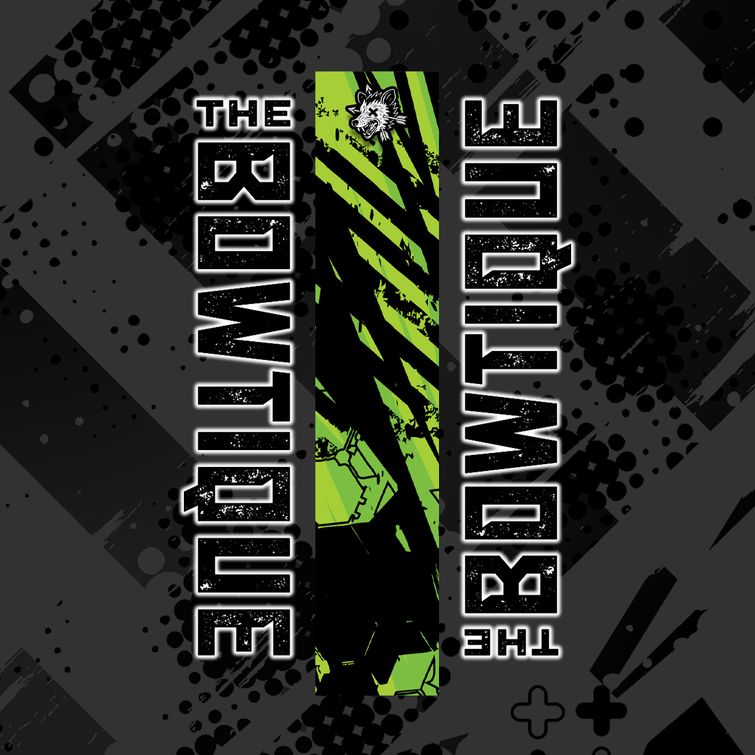Comic pop arrow wrap featuring "THE BOWTIQUE" text on a black and neon green distressed background.