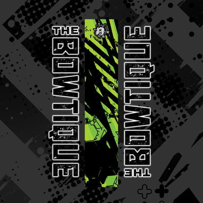 Comic pop arrow wrap featuring "THE BOWTIQUE" text on a black and neon green distressed background.