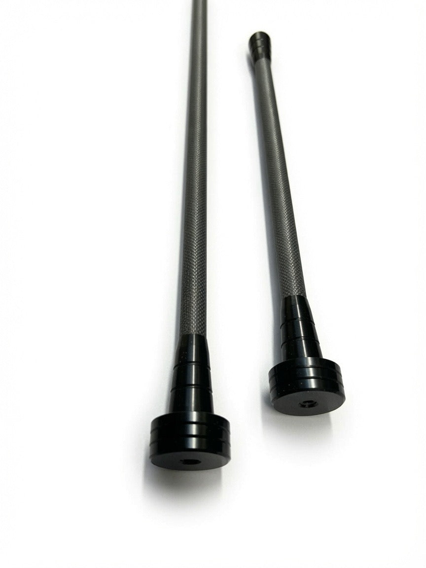 Two black, cylindrical OryX Micro Pro stabilizers with textured shafts, shown against white background.