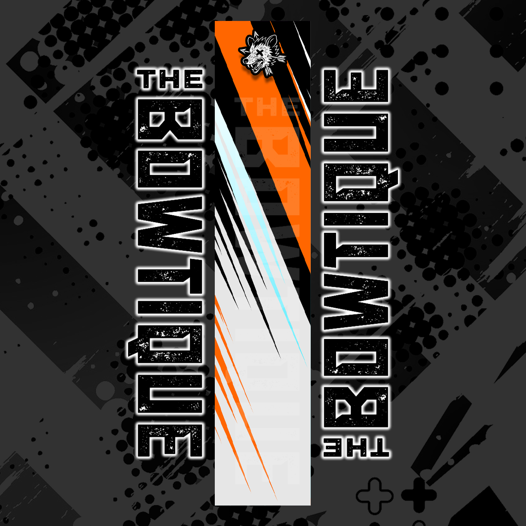 Comic pop arrow wrap featuring "THE BOWTIQUE" text in black and white with orange and white accents.