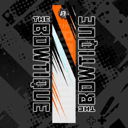 Comic pop arrow wrap featuring "THE BOWTIQUE" text in black and white with orange and white accents.