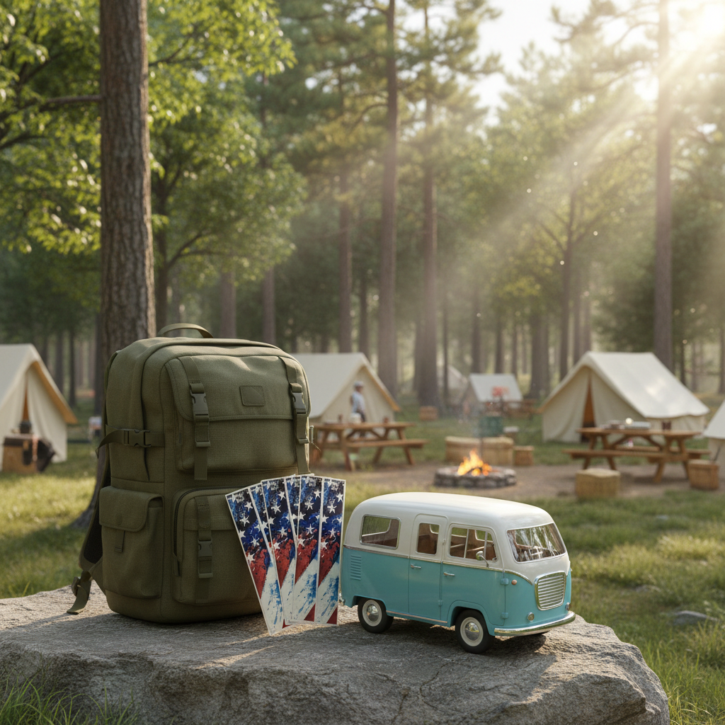 American flag patterned wraps next to a green backpack and small blue vintage wagon on a rock outdoors.