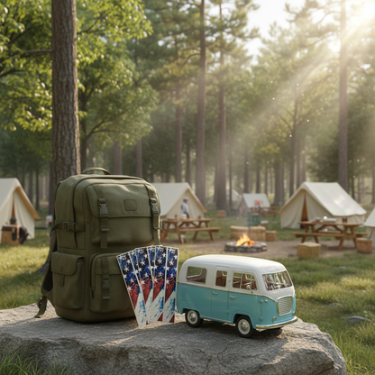 American flag patterned wraps next to a green backpack and small blue vintage wagon on a rock outdoors.
