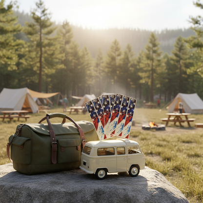 American flag arrow wraps displayed with a green duffel bag and white VW bus on a rock outdoors.