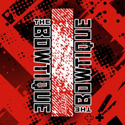 Red and black graphic arrow wraps for bowhunters, featuring "THE BOWTIQUE" logo in distressed white text.