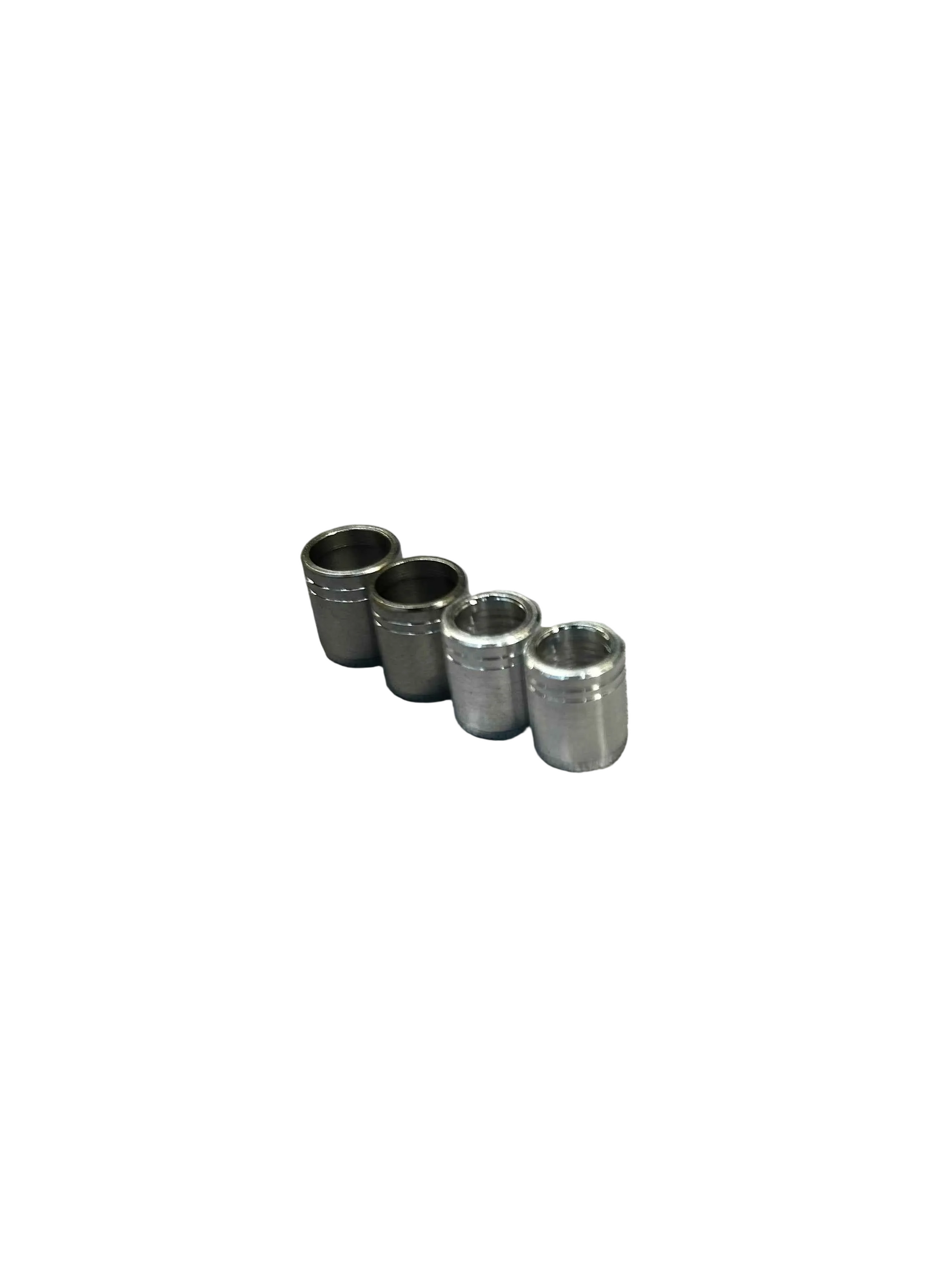 Set of five silver metal nock collars, cylindrical, for archery equipment.