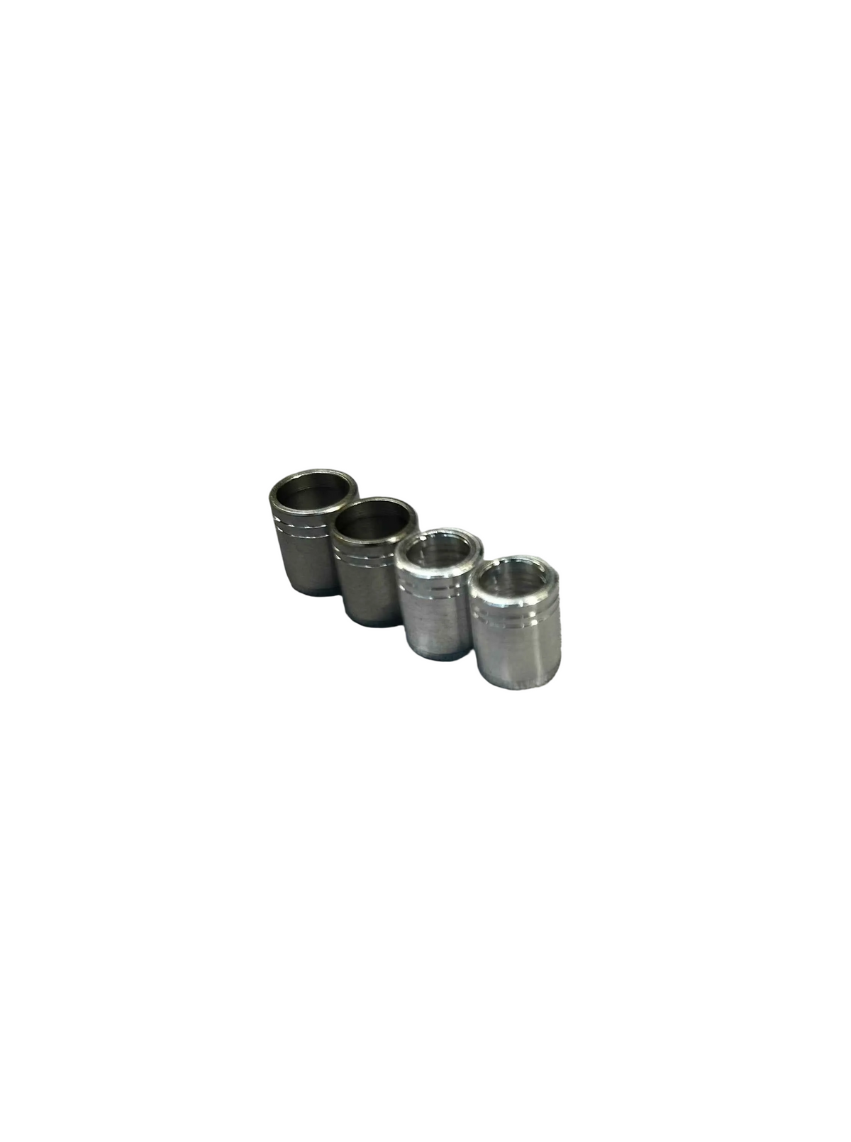 Set of four silver, cylindrical nock collars, likely for archery equipment.