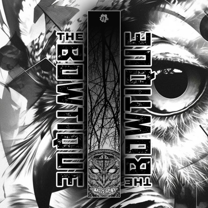 Black and white arrow wraps featuring a dark owl graphic and "The Bowtique" logo.