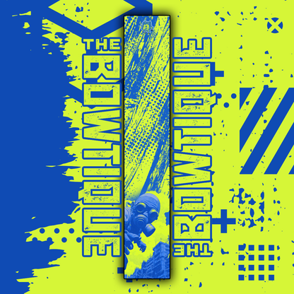 Radioactive Rodeo arrow wraps featuring a blue, distressed, and energetic design on a bright yellow background.