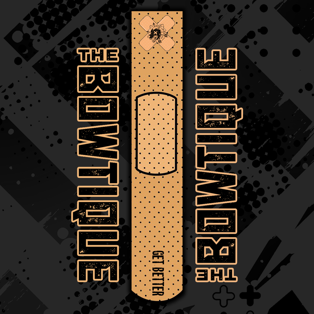 Brown arrow wrap design mimicking a Band-Aid, featuring "THE BOUTIQUE GET BETTER" text.