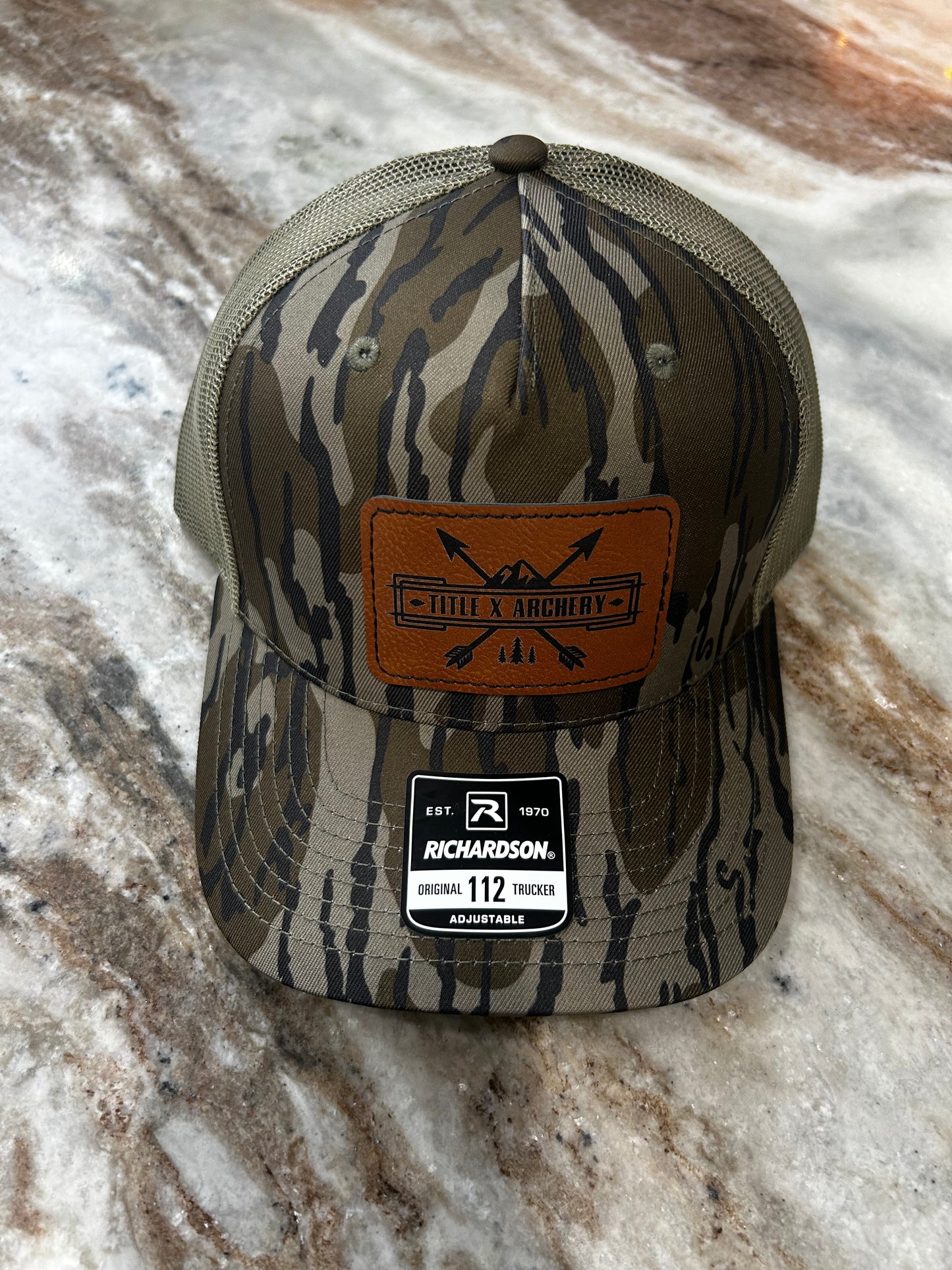 Richardson 112 Trucker Hat – Bottomlands Camo TitleX Archery Patch Cap