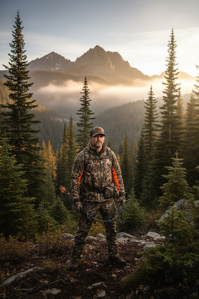 Hunter in camouflage gear standing in a forest with mountains in the background