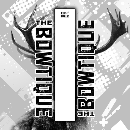 Solid white arrow wraps for "THE BOWTIQUE" branding, featuring a distressed, graphic design on a gray background with deer antlers.