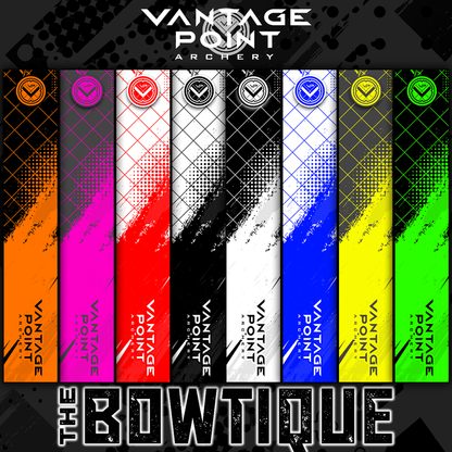 Vantage Point Archery x BOWTIQUE collaboration product featuring five vertical, patterned, and colored panels: orange, pink, red, black/white, blue, yellow, and green.