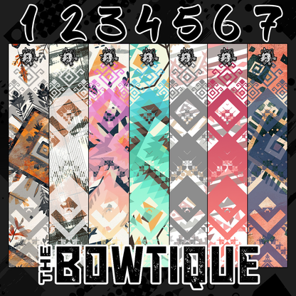Set of 7 abstract western arrow-themed wraps featuring diverse patterns and colors.