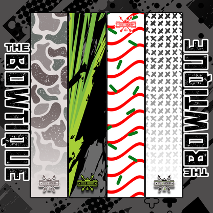Arrow wraps featuring a Title X Archery x Bowtique collab with camouflage, green, red/white stripe, and x-pattern designs.