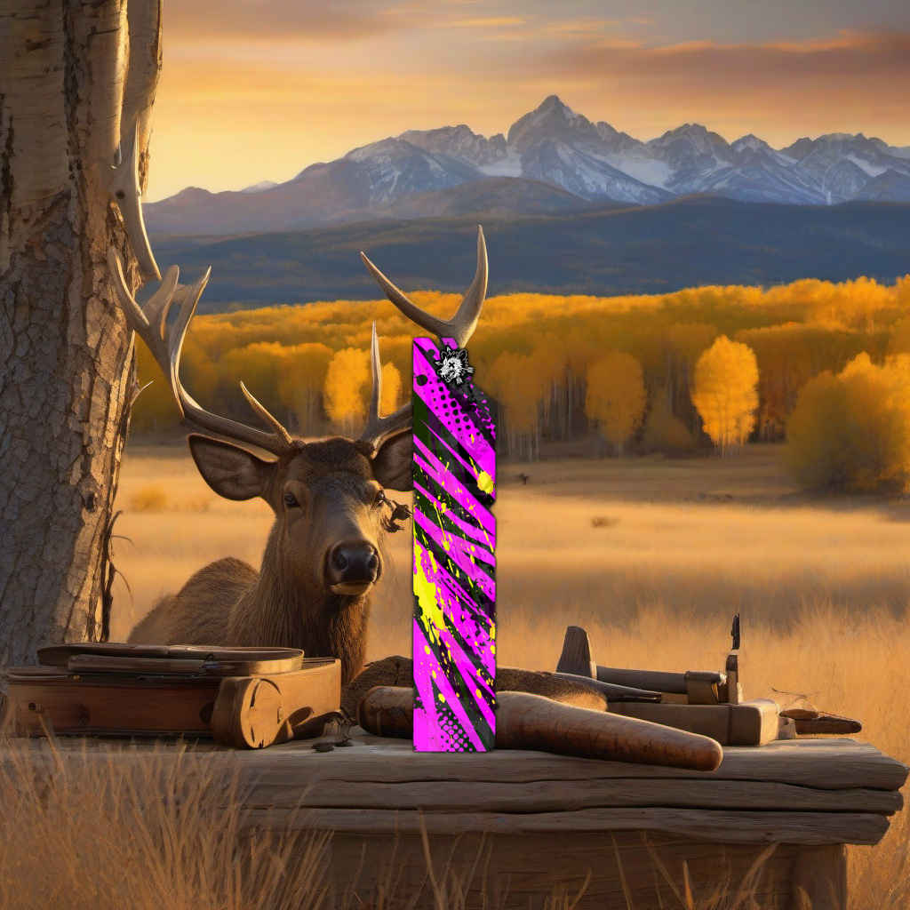 Comic Pop Arrow Wrap on weathered wood in a golden aspen-lit, high-country elk hunting scene. | titlex-scene-western-elk